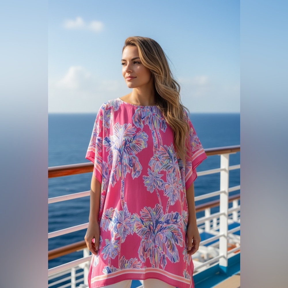 Lilly Pulitzer SILK CAFTAN DRESS Nice Stems PINK Palm Trees S/Medium​ - Picture 2 of 6